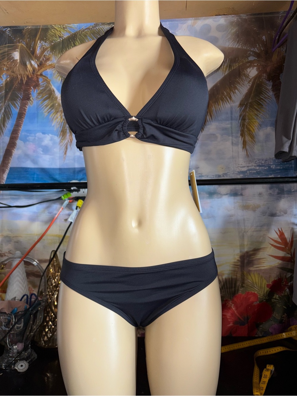 Michael Kors Black Halter Bikini with Center Ring Detail
